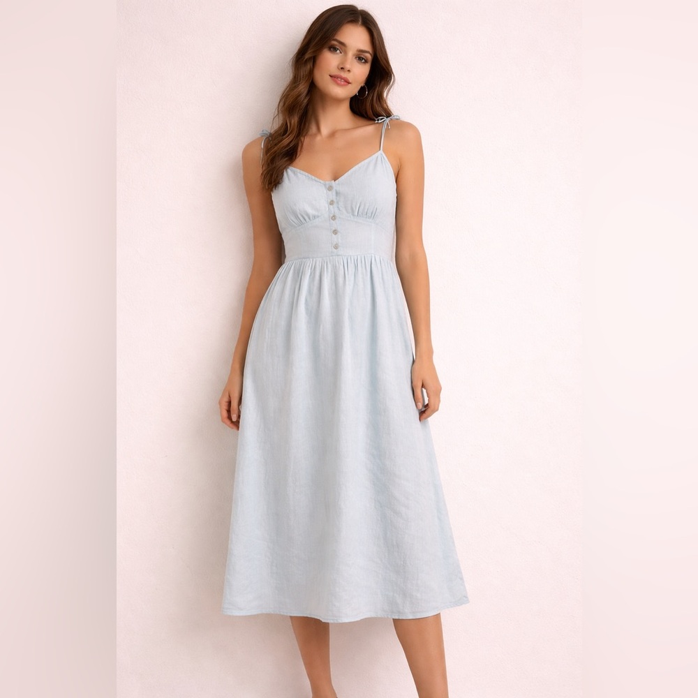 Oak + Fort Light Blue Midi Dress NWT | Tie Strap Button Front Sundress S